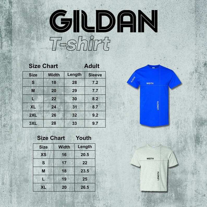 Op de afbeelding: Afbeelding van een Gildan T-shirt maattabel voor volwassenen en jeugd. De tabel bevat afmetingen voor breedte, lengte en mouwlengte in centimeters. Een blauw T-shirt en een grijs T-shirt worden getoond.