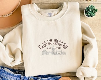 Embroidered London Est 47 Sweatshirt, London Sweater, London Skyline Crewneck, England Sweatshirt, London Sweatshirt Gift, London Souvenir