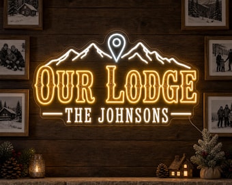 Custom Lodge Neon Sign, Personalized Family Name Light with Mountain Coordinates for Winter Cabin Wall Decor and Family Holiday Gift