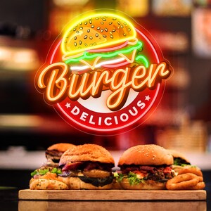 Néon Burger Personnalisé - Décoration murale LED à intensité variable pour restaurant, salle de jeux et cuisine | Cadeau personnalisé de décoration de restauration rapide
