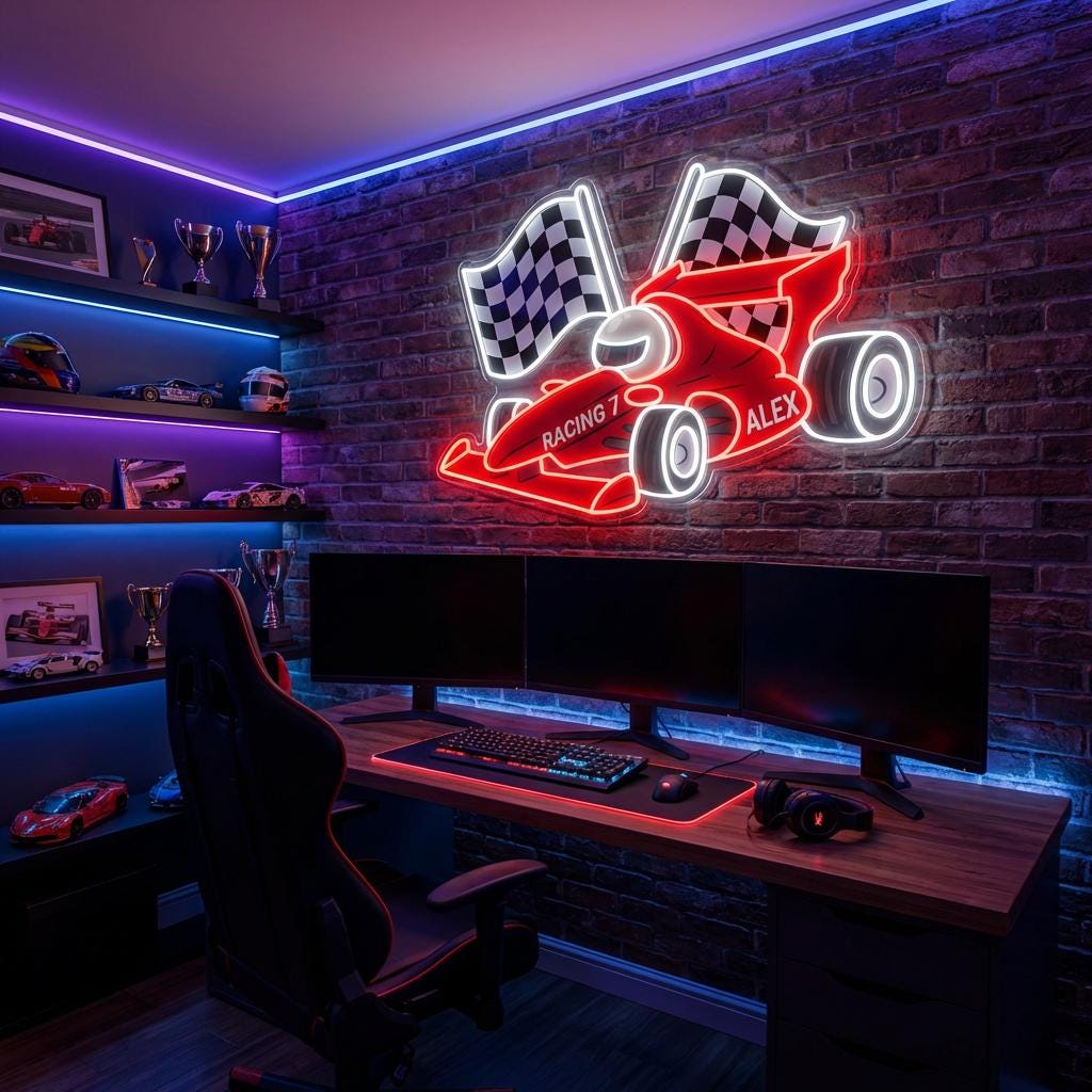 Led Racing Flag Custom Racing Neon Sign - F1 Race Car LED Light With Checkered Flag ...