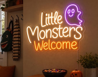 Custom Little Monsters Welcome Neon Sign, Halloween Entryway Wall Light, Ghost Family Decor, Trick or Treat Party Backdrop Gift for Home