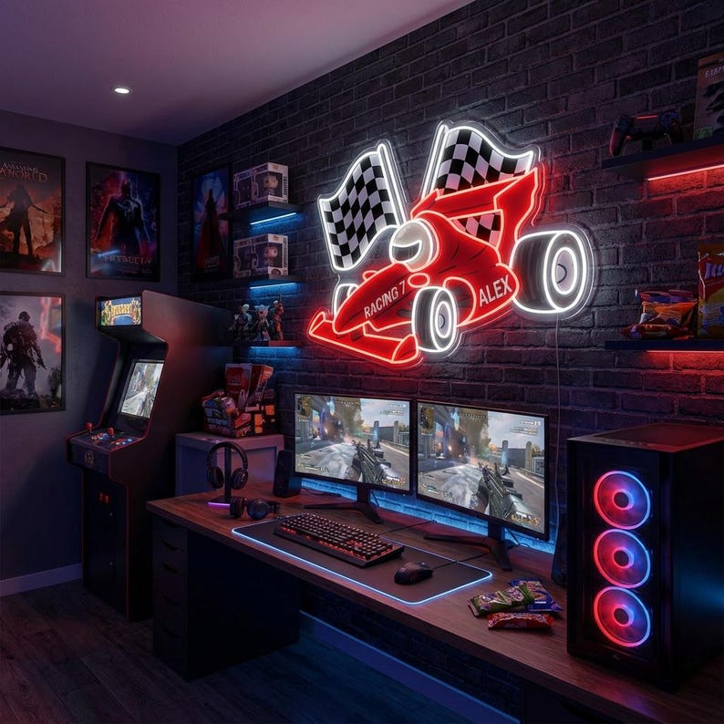Custom Racing Neon Sign - F1 Race Car LED Light With Checkered Flag ...