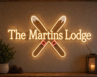 Custom Ski Lodge Sign, Personalized Family Name Light with UV Printed Skis for Cabin Entry, Mantel Decor and Christmas Holiday Gift