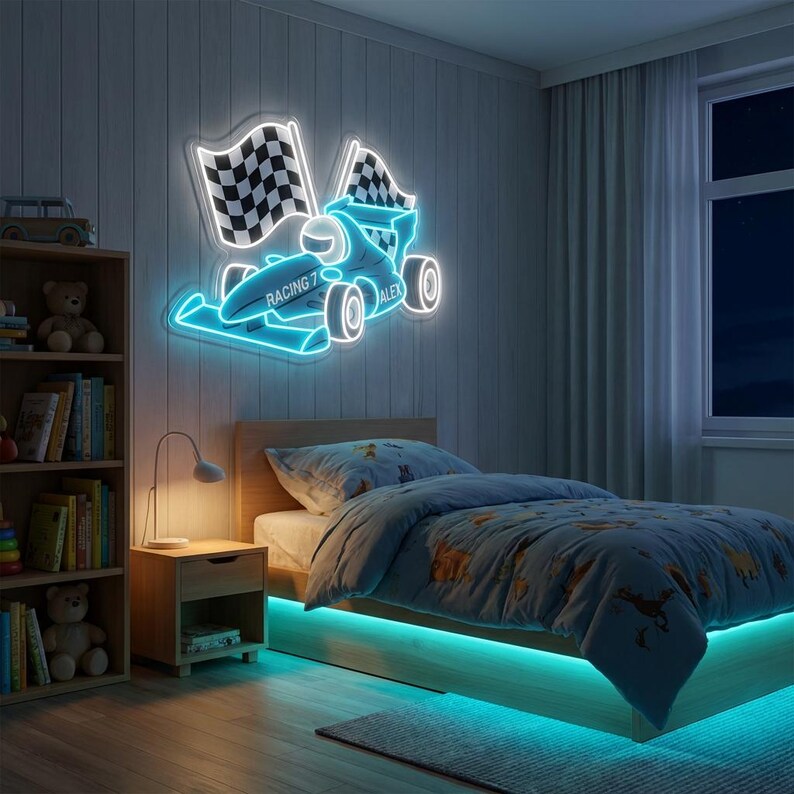 Custom Racing Neon Sign - F1 Race Car LED Light With Checkered Flag ...