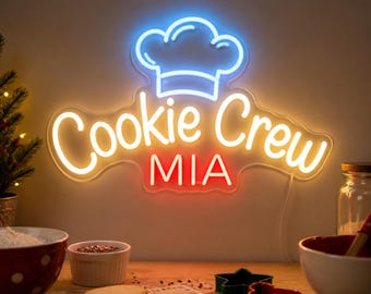 Cookie Crew Neon Sign, Custom Kids Baking Light with Child Name for Christmas Kitchen Decor, Holiday Cookie Corner, Personalized Gift