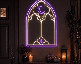 Custom Gothic Window Neon Sign, Witchy Entryway Wall Decor, Personalized Welcome Light, Dark Academia Halloween Home Gift Idea for Her