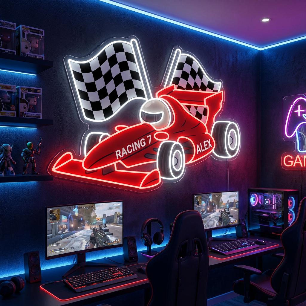 Led Racing Flag Custom Racing Neon Sign - F1 Race Car LED Light With Checkered Flag ...