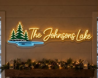 Custom Lake House Sign, Personalized Family Name Neon Light for Winter Cabin Entry, Holiday Mantel Decor and Lake Owner Gift for Christmas