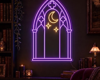Gothic Neon Sign, Personalized Library Wall Light, Purple Window Decor, Dark Academia Book Lover Gift for Readers at Home