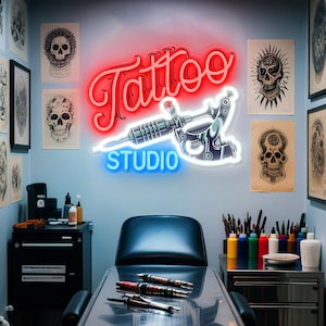 Custom Tattoo Studio Neon Sign | LED Tattoo Machine Light with UV Print Details, Tattoo Shop Wall Decor, Multiple Sizes