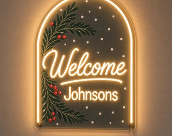 Custom Christmas Porch Welcome Light, Snowy Door Name Arch Neon Sign, Personalized Family Holiday Entryway Wall Decor Gift for Home