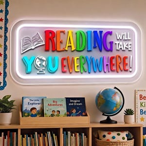Peut inclure: Une enseigne murale rectangulaire avec un cadre blanc et un éclairage interne, affichant le texte "READING WILL TAKE YOU EVERYWHERE!" en lettres 3D aux couleurs de l'arc-en-ciel, avec un livre ouvert et un globe en blanc.