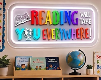 Reading Will Take You Everywhere Neon Sign | Rainbow Book Globe LED Decor | Classroom Library Gift