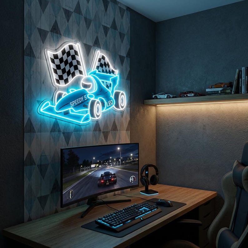 Custom Racing Neon Sign - F1 Race Car LED Light With Checkered Flag ...