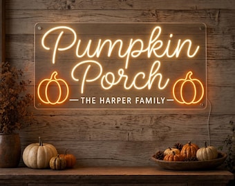 Custom Pumpkin Porch Neon Sign with Family Name, Fall Entry Wall Light for Harvest Decor, Thanksgiving Home and Housewarming Gift Sign