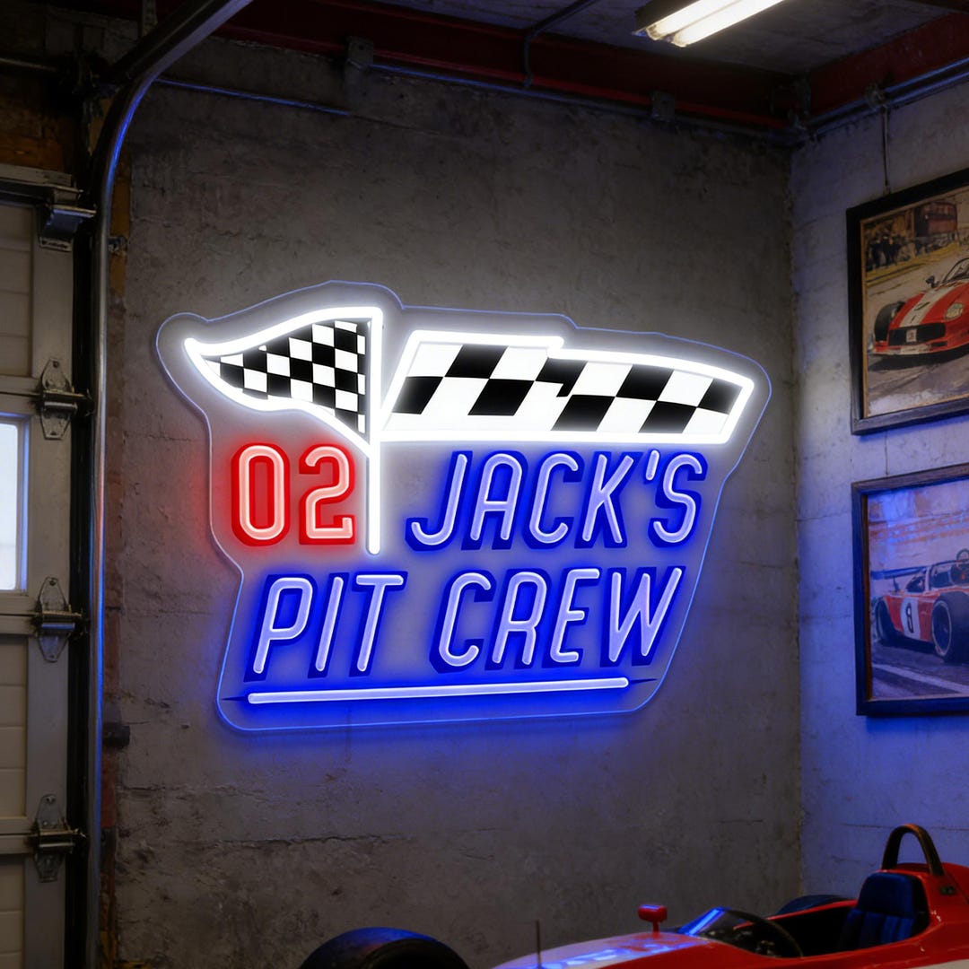 Custom Racing Wall Signs Light Custom Racing Neon Sign, Checkered Flag Pit Crew Light, Personalized ...