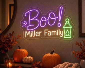 Custom Boo Family Name Neon Sign, Halloween Entryway Wall Light, Personalized Porch Decor, Spooky Mantel Party Backdrop Gift for Home