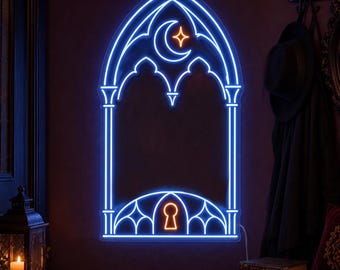 Custom Witchy Gothic Window Neon Sign, Moon Wall Light for Dark Academia Entryway, Halloween Home Decor, Gothic Housewarming Gift Idea