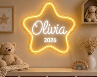 Custom Baby Name Neon Sign, Winter Star Nursery Light with Name and Year, First Holiday Baby Gift for Cozy Baby Room Wall Decor Sign