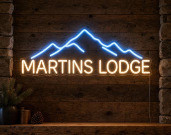 Custom Lodge Neon Sign, Personalized Cabin Name Light with Mountain Glow for Ski Lodge, Lake House Wall Decor and Family Holiday Gift