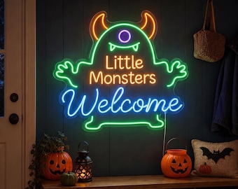 Little Monsters Welcome Neon Sign, Custom Halloween Porch Wall Light, Monster Family Decor, Trick or Treat Candy Station Sign Gift