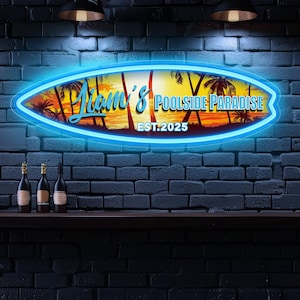 Custom Surfboard Neon Sign Personalized - LED Surfboard Wall Art for Beach House Decor, Pool Party & Gifts - Remote Control