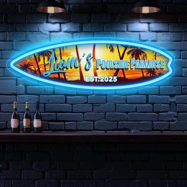 Custom Surfboard Neon Sign Personalized - LED Surfboard Wall Art for Beach House Decor, Pool Party & Gifts - Remote Control