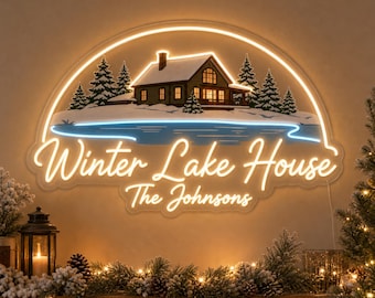 Custom Lake House Neon Sign, Personalized Family Surname Light with Winter Cabin Scene for Christmas Gift and Cozy Porch Welcome Decor