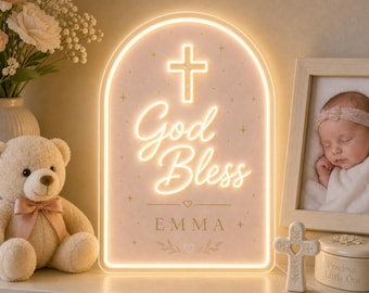 Personalized Baptism Gift, Custom God Bless Name Neon Plaque, Christening Nursery Keepsake for Baby Blessing Decor and Shelf Display