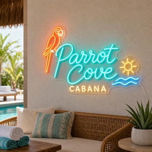 Neon-Schild „Poolside Cabana“, individuelle Wanddekoration „Parrot Cove“ für das Poolhaus, tropische LED-Terrassenbeleuchtung – das perfekte Geschenk für neue Poolbesitzer und Gastgeber