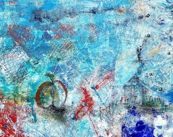 Blue Original Painting Abstract Expressionism with Apple and Whimsy.