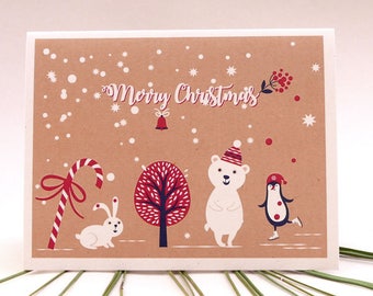 Christmas Card Bear, Skating Penguin, Rabbit, Candy Cane, Christmas Hat, Winter Wonderland Illustrated Original Single or Set