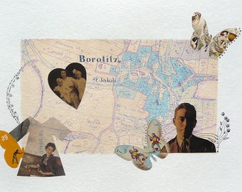 Love Heart Wall Art Collage Map Mixed Media Original Pen Drawing