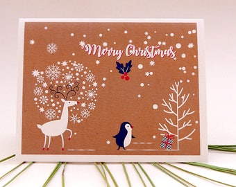 Christmas Cards, Reindeer, Penguin, Christmas Tree, Winter Wonderland Illustrated Original Single or Set