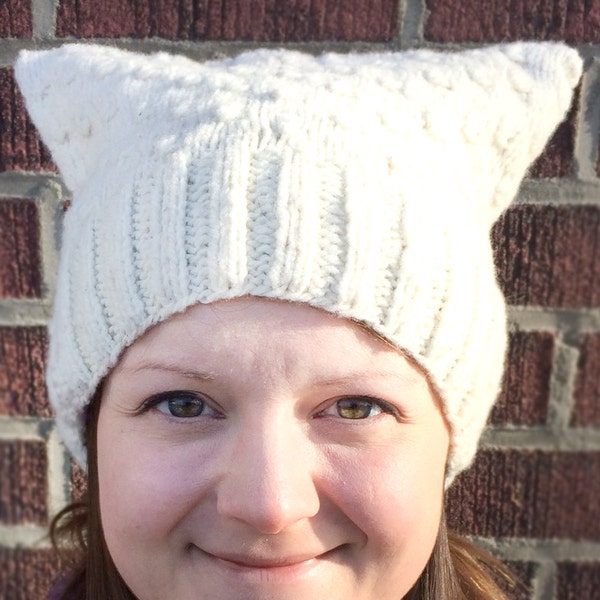 Pussy Hat Hand Knitted Organic Yarn Women's March on Washington White