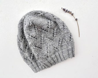 Lace Grey Beanie Hat Hand Knitted Original Design Gift for Her