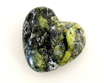 May include: A heart-shaped green and black stone with white veins. The stone has a mottled appearance.