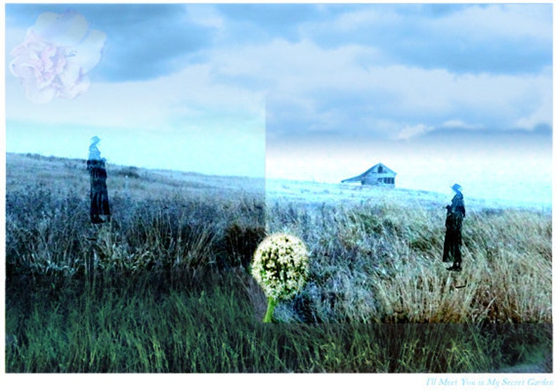 May include: A faded, blue sky with white clouds over a field of tall grass. Two figures stand in the distance, one near a small, white building. A large, white dandelion is in the foreground.