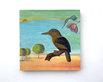 Surreal Landscape with a Bird Original oil painting, folk art, primitive art