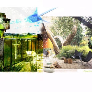 May include: An artistic collage featuring a modern outdoor living space. The image includes black butterfly chairs, a small table, and a peacock. The text "CONSTRUCT #7" is visible in the lower right corner.