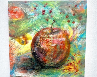 Whimsical Mixed Media Apple on Abstract Background