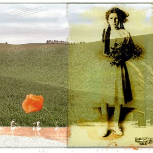 May include: A vintage photograph of a young girl in a white dress holding a bouquet of flowers. The image is layered over a green field with a lace pattern.