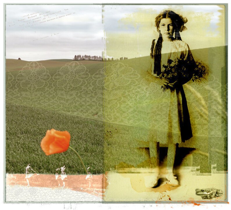 May include: A vintage photograph of a young girl in a white dress holding a bouquet of flowers. The image is layered over a green field with a lace pattern.