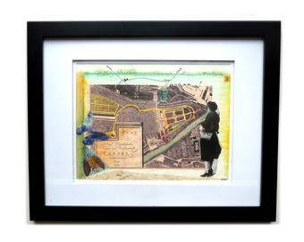 Collage Map Mixed Media Original Drawing Retro