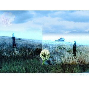 May include: A digital art piece with a blue and white color scheme. The image features two figures standing in a field of tall grass. A white dandelion is in the foreground. The text "I'll Meet You in My Secret Garden" is at the bottom of the image.