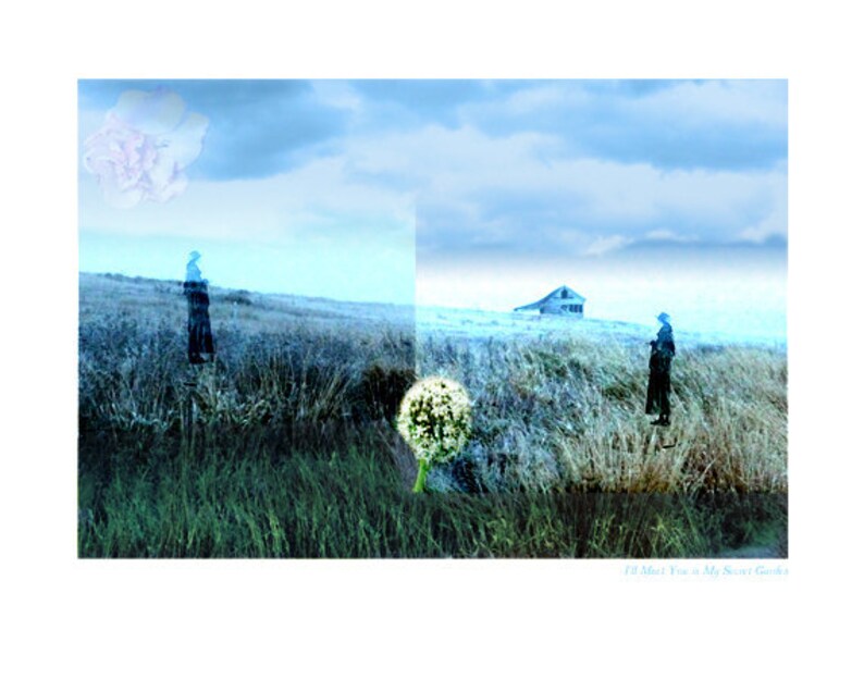 May include: A digital art piece with a blue and white color scheme. The image features two figures standing in a field of tall grass. A white dandelion is in the foreground. The text "I'll Meet You in My Secret Garden" is at the bottom of the image.