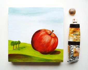 Apple Original oil painting, surreal landscape, still life, wall art, folk, primitive art