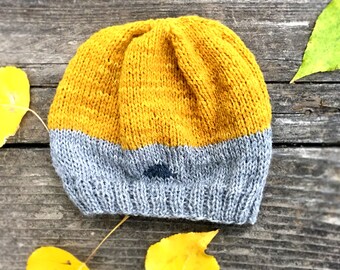 Beanie Hat Hand Knitted Gray Yellow Original Design Gift for Him Gift for Her