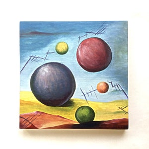 Original surreal oil painting, fantasy landscape, wall art, folk, primitive art